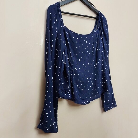 Elodie off the shoulder blue multi sized dot top with back ruching and a frill - Picture 2 of 8